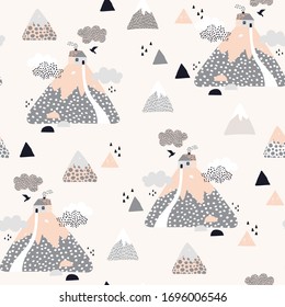 Abstract house in the mountains seamless pattern. Cute geometric and doodle landscape background. Cartoon sweet home concept. Vector illustration in nordic style for wallpaper, textile, fabric design