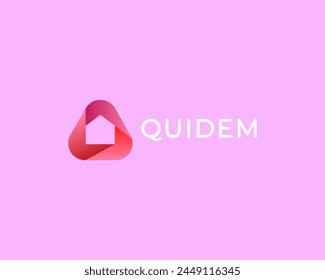 Abstract house in negative space logo design. Creative home real estate icon. Building construction bright gradient sign. Vector illustration.
