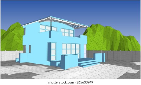 Abstract house on a background of mountains. Vector illustration in a low-polygonal style