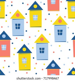 Abstract house seamless pattern background. Childish handmade craft for design card, new year wallpaper, christmas album, invitation, holiday wrapping paper, textile fabric, bag print, t shirt etc.
