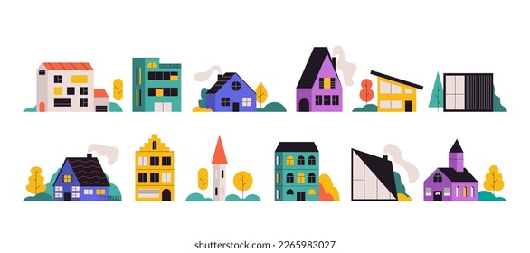 Abstract house set. Doodle architecture buildings trees, cartoon urban property estate village homes. Vector collection