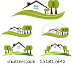 Abstract house and trees illustration collection. Beautiful garden, trees and lawn. Isolated on a white background.