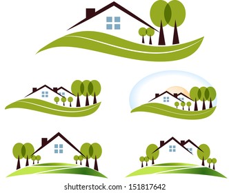 Abstract house and trees illustration collection. Beautiful garden, trees and lawn. Isolated on a white background.