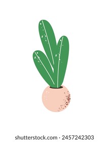 Abstract houseplant with big long green leaves. Home flower growing in flowerpot. Decorative plant in ceramic pot. Floral decor of interior decoration. Flat isolated vector illustration on white