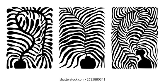  abstract houseplants in pots and vases wall art poster templates graphic set, vector illustration prints collection