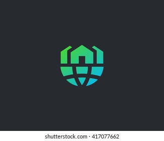Abstract houses globe logo. Creative real estate planet sign. Universal global realty eco vector icon
