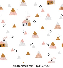 Abstract houses in the mountains seamless pattern. Cute geometric and doodle woodland background. Vector illustration in nordic style for textile, wallpaper, surface design