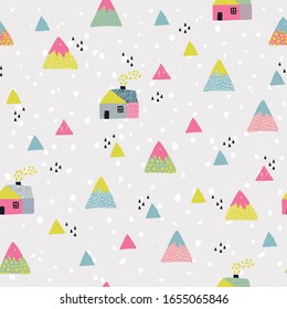 Abstract houses in the mountains seamless pattern. Cute geometric and doodle woodland background. Vector illustration in nordic style for textile, wallpaper, surface design