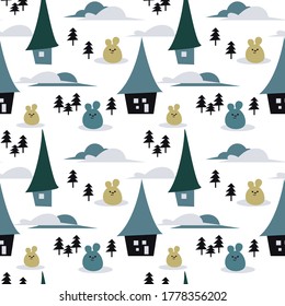 
Abstract houses seamless pattern from multicolored elements. Stylized children's houses. Stylish background of houses, bears and Christmas trees. Rural landscape drawing.