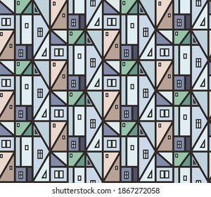 Abstract houses seamless pattern. Repeated geometric tile ornament of town. Minimalist background with buildings elements. Simple flat vector illustration. Fit for wallpaper, wrapping paper, fabric.