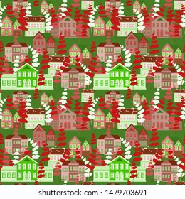 abstract houses and trees of red and gray colors drawn on a dark green background