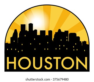 Abstract Houston skyline in the evening, with warm orange burst, vector illustration