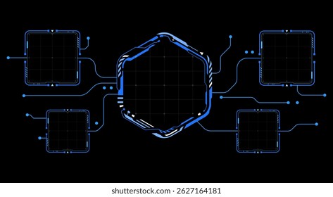 Diagrama de flujo Abstractas del tablero de instrumentos del HUD con el marco futurista del holograma. Ideal para interfaces de ciencia ficción, paneles de tecnología, interfaz de usuario virtual, visualización de datos y fondos de diseño digital de alta tecnología.