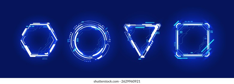 Abstract HUD neon light blue portals with circuit board elements. AI chip, quantum processor. Futuristic technology innovation concept. Bright light neon frames in geometric forms. Digital vector set