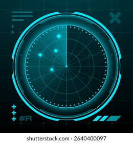 Abstract hud radar vector display with scanning line and glowing target points. UI digital screen for game navigation system.