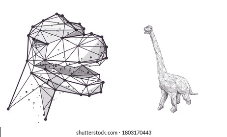 Abstract huge 3d brachiosaurus with long neck isolated in white background. Low poly sketch of brachiosaurus dinosaur with connected dots. Vector animal hand drawing concept
