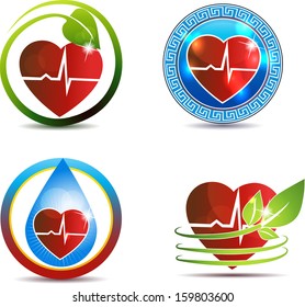 Abstract human anatomy of heart and heart beats, beautiful symbol set. Nature and medicine concept. Isolated on a white background.