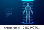 Abstract human body scan. AI doctor concept. Hologram 3D model of a man. Medical, health, and Anatomy. Digital male silhouette with neon light circles. Low poly wireframe tech vector illustration.