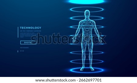Abstract human body scan. AI doctor concept. Hologram 3D model of a man. Medical, health, and Anatomy. Digital male silhouette with neon light circles. Low poly wireframe tech vector illustration.