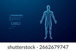 Abstract human body. Wireframe polygonal man silhouette on technology blue background. 3D human figure made of thin lines and connected dots. Medical and Anatomy concept. Digital vector illustration.