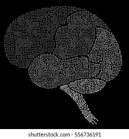 Abstract human brain with circuit board elements of black. gray and white shades
