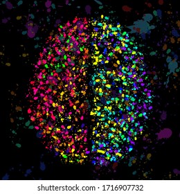 Abstract human brain of colorful ink splashes, grunge splatters. Vector illustration