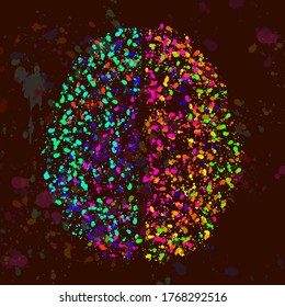 Abstract human brain of colorful ink splashes, grunge splatters. Vector illustration