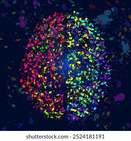 Abstract human brain of colorful ink splashes, grunge splatters. Vector illustration