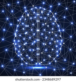 Abstract human brain of glowing lines and dots, polygonal wireframe. Vector illustration