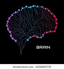 Abstract human brain of lines on black background. Vector illustration