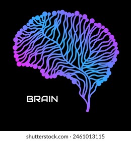 Abstract human brain of lines on black background. Vector illustration