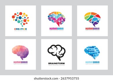 Abstract human brain logo set. Creative idea - business icon sign collection concept vector illustration. Mind education symbol. Design elements. 
