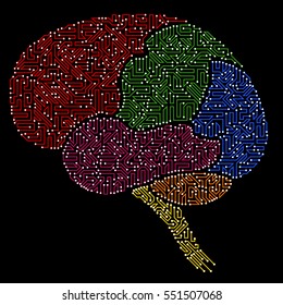 Abstract human brain with multicolored circuit board elements