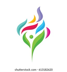 Abstract human character with colored petals - vector logo template concept illustration. Green and colorful leaves creative sign. Postive optimism symbol. Tree abstraction icon. Design element.