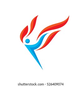 Abstract human character with fire flame - vector logo template concept illustration. Torch creative sign. Red wings symbol. Design element.