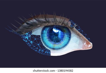 Abstract human cyborg eye in low poly style, eps 10 isolated. Digital vision sci-fi technologies of the future concept. Security technology and data protection illustration  - Vector