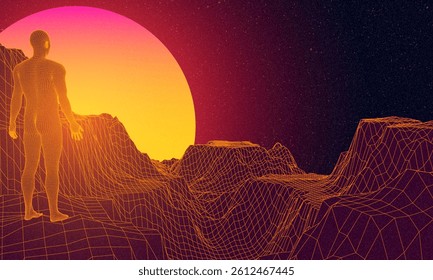 Abstract human in digital or alien space. Low poly graphics 80s 90s games style. Concept: self searching mental psychologic. Retro digital grid surface in search of the unknown. Wireframe net style