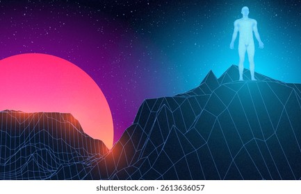 Abstract human in digital or alien space. Low poly graphics 80s 90s games style. Concept: self searching mental psychologic. Retro digital grid surface in search of the unknown. Wireframe net style
