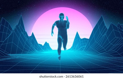 Abstract human in digital or alien space. Low poly graphics 80s 90s games style. Concept: self searching mental psychologic. Retro digital grid surface in search of the unknown. Wireframe net style