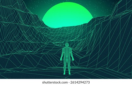 Abstract human in digital or alien space. Low poly graphics 80s 90s games style. Concept: self searching mental psychologic. Retro digital grid surface in search of the unknown. Wireframe net style
