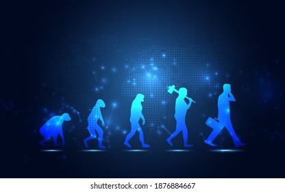 Abstract Human evolution digital transformation innovative of technology life blue background. Business renewal and Powerful transformation startup concept. Development of Homosapien species theme