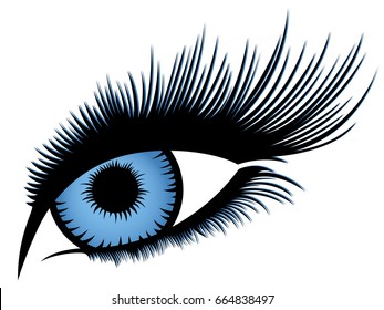 Abstract human eye with long eyelashes and with blue gradient iris, vector illustration over white