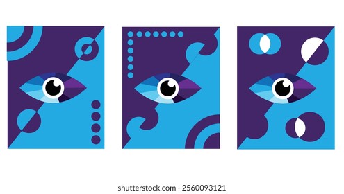 Abstract Human Eye Modern Poster Template in Marine Colors Different Versions. Vision and perspective concept vector art