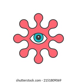 Abstract human eye pink multicolored molecule shape pop art groovy style t shirt print design vector cartoon illustration. Creative alien optical eyesight biology germ virus eyeball comic decor