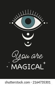 Abstract human eye. Vector illustration isolated on black background. Logo, poster, card, card tarot, icon or print