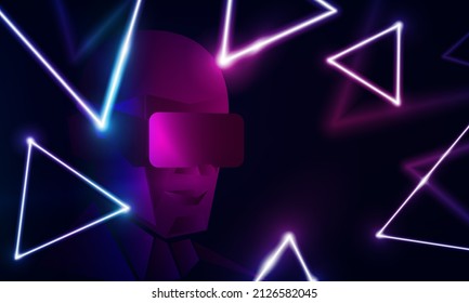 Abstract human face in augmented or virtual reality glasses. digital interface on Light out technology and with neon. Hitech communication concept innovation dark background,  vector design