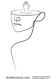 Abstract Human Face Figure with Drowning Hand on their Head in Minimal One Line Art Drawing