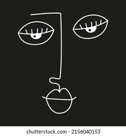 Abstract human face. Minimalist illustration lips, nose and eyes. Black and white. Black background. One line drawing.