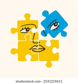 Abstract human Face on puzzle pieces. Jigsaw puzzle game with face. Contemporary minimalistic elegant style. Hand drawn modern Vector illustration. Isolated design element