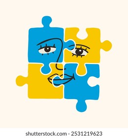 Abstract human Face on puzzle pieces. Jigsaw puzzle game with face. Contemporary minimalistic elegant style. Hand drawn modern Vector illustration. Isolated design element